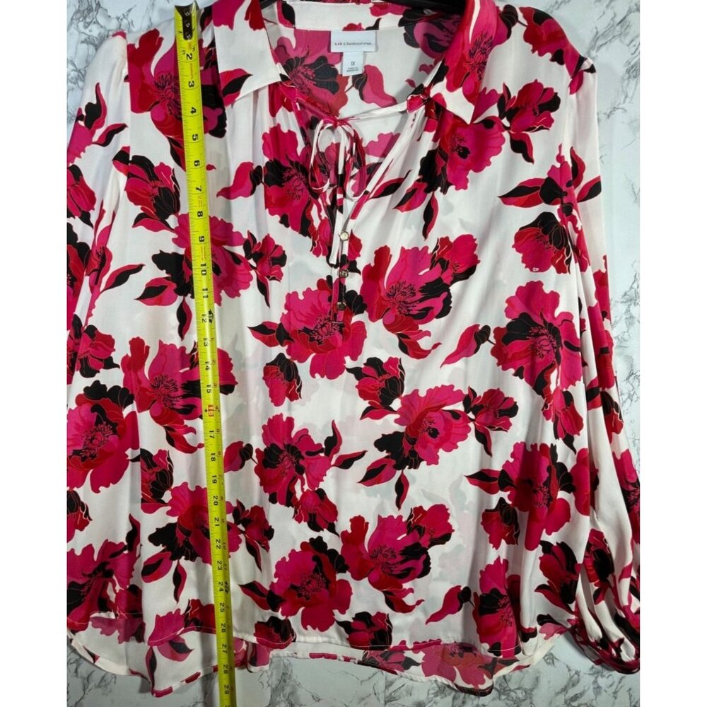 Liz Claiborne Womens Floral Print Blouse 1X Long Sleeve Pink Black Red Polyester - Picture 5 of 8